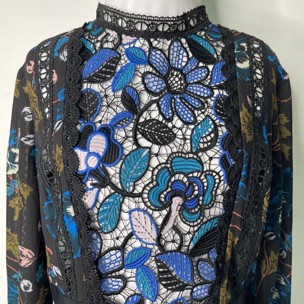 Self Portrait Women's Blue Black Long Sleeve Lace Floral Midi Dress Size 10 - Picture 5 of 12